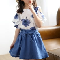 Placlothes Girls 2 Piece Outfit Floral Cotton Skirt and Short Sleeve Shirt Tops Set for Big Girls Size 13 T Blue Summer Fall Birthday Kids Skirt Outfits