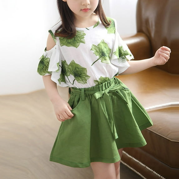 Placlothes Girls 2 Piece Outfit Floral Cotton Skirt and Short Sleeve Shirt Tops Set for Big Girls Size 7 T Green Summer Fall Birthday Kids Skirt Outfits