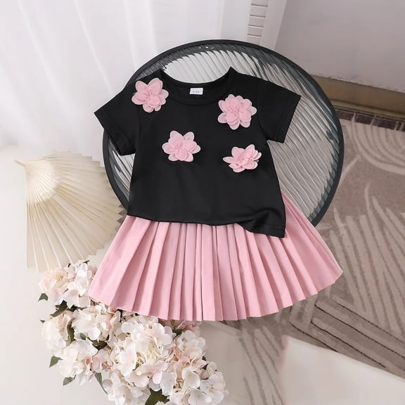 Placlothes Girls 2-Piece Outfit Set Floral Cotton Skirt and Short Sleeve Shirt Tops for Little Girls and Big Girls Summer Fall Birthday Kids Black Size 5T