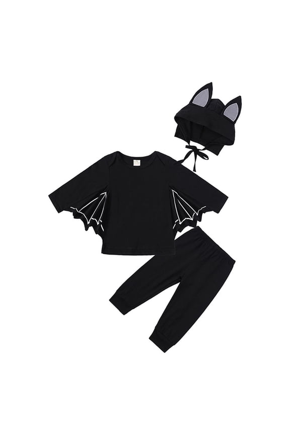 Girls Bat Themed 3-Piece Cotton Outfit Set - Black, Hall-oween/Daily Wear, Fits 1-7 Years,Size 2-3T