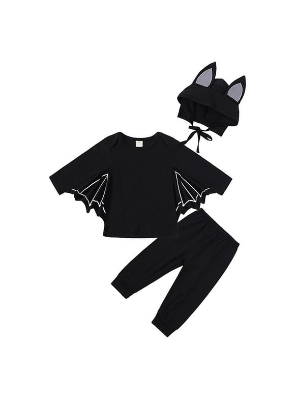 Girls Bat Themed 3-Piece Cotton Outfit Set - Black, Hall-oween/Daily Wear, Fits 1-7 Years,Size 5-6T