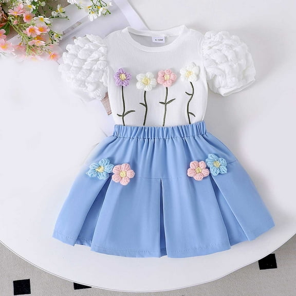 Placlothes Girls Blue Floral Short Sleeve Shirt Tops and Skirt Outfits Two Piece Sets for Little Kids Size 3 Months Summer Fall Birthday Cotton