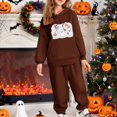 thumbnail image 1 of Placlothes Girls' Cute Cartoon Ghost Print Polyester Tracksuit Set - 2-Piece Hoodie & Jogger Pants, Brown, Sizes 100-160,Size 2 T, 1 of 4