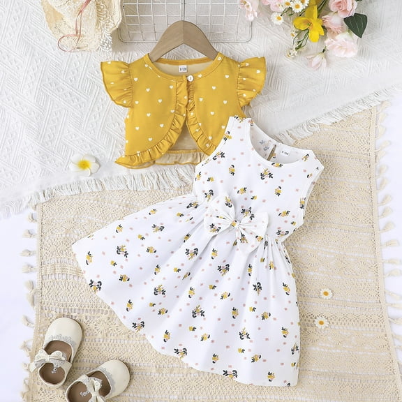 Placlothes Girls Floral 2 Piece Dressy Outfits for Little Girls Skirt Sets Summer Fall Birthday Party Kids Yellow Size 9 Months
