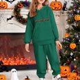thumbnail image 1 of Placlothes Girls Hall-oween Army Green 2-Piece Hoodie Jogger Set - Pumpkin Graphic, Soft Polyester, Warm Fall Outfit for 3-12 Years,Size 8 T, 1 of 4