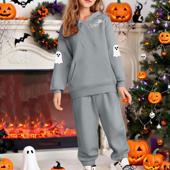 Placlothes Girls' Hall-oween Ghost Hoodie & Jogger 2-Piece Set - Gray, Soft Polyester, 3-12 Years for Active Girls,Size 2 T