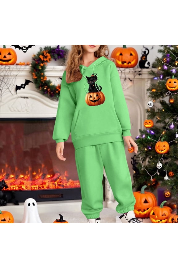 Girls' Hall-oween Tracksuit Set - Soft Polyester Hoodie & Joggers, Black Cat Jack-o'-Lantern, Green, Ages 3-12,Size 2 T
