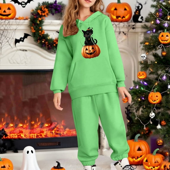 Placlothes Girls' Hall-oween Tracksuit Set - Soft Polyester Hoodie & Joggers, Black Cat Jack-o'-Lantern, Green, Ages 3-12,Size 3 T