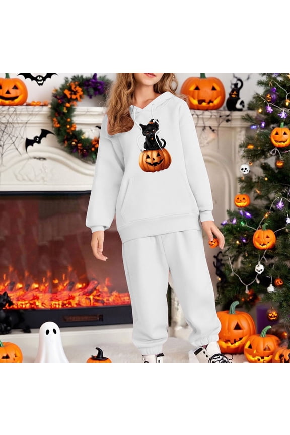 Girls' Hall-oween Tracksuit Set - Soft Polyester Hoodie & Joggers, Black Cat Jack-o'-Lantern, White, Ages 3-12,Size 2 T