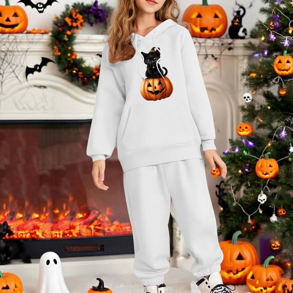 Placlothes Girls' Hall-oween Tracksuit Set - Soft Polyester Hoodie & Joggers, Black Cat Jack-o'-Lantern, White, Ages 3-12,Size 3 T