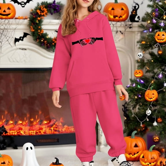Placlothes Girls Hot Pink 2-Piece Hoodie & Sweatpants Set - Skeleton Heart Graphic, 100% Polyester, Casual All-Day Comfort for 2-12Y Kidss to Pre-Teens,Size 12 T