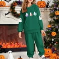 thumbnail image 1 of Placlothes Girls Kids Hall-oween Ghost Print Hoodie & Jogger Set - 100% Polyester Cozy Relaxed-Fit, Army Green Two-Piece Outfit for Ages 3-12,Size 12 T, 1 of 5