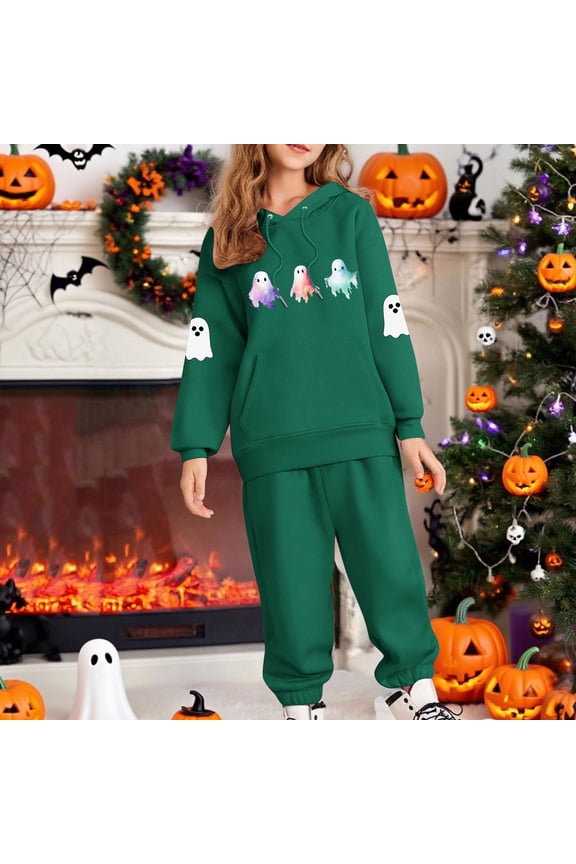 Girls Kids Hall-oween Ghost Print Hoodie & Jogger Set - 100% Polyester Cozy Relaxed-Fit, Army Green Two-Piece Outfit for Ages 3-12,Size 3 T