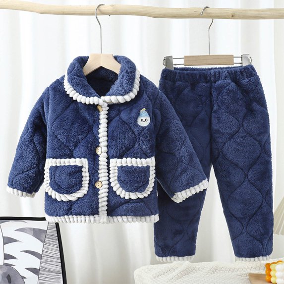 Placlothes Girls' Navy Quilted Fleece Outfit Set - 2-Piece 100% Polyester Warm Shirts with Button-Front Top & Elastic-Waist Pants for 2-14 Years,Size 6 T