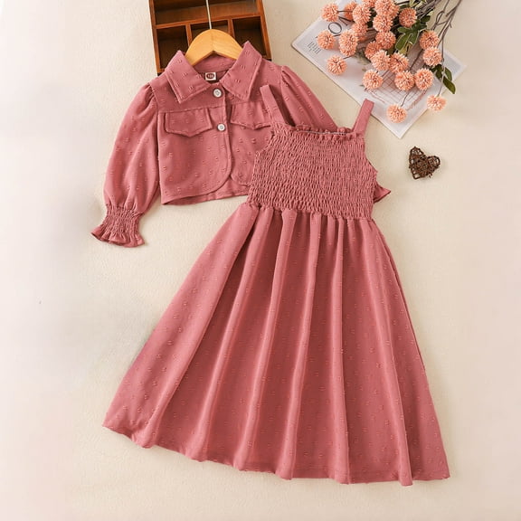 Placlothes Girls' Pink 2 Piece Outfit (Collar Top + Sleeveless Smocked Dress) - Soft 93% Polyester 7% Spandex, Puff Sleeves, Decorative Buttons, 2-7Y for Playdates/School,Size 1-2T