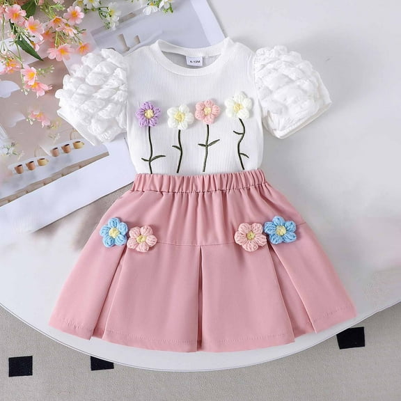 Placlothes Girls Pink Floral Short Sleeve Shirt Tops and Skirt Outfits Two Piece Sets for Little Kids Size 1-2T Summer Fall Birthday Cotton