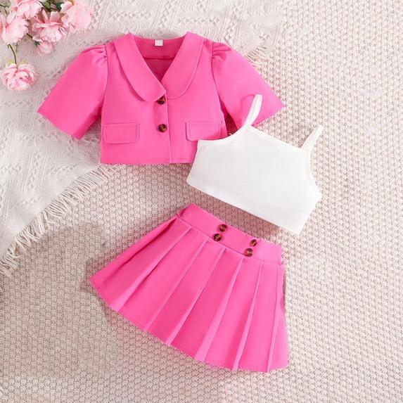 Placlothes Girls Short Sleeve Shirt Tops 3 Piece Outfits for Little Girls and Big Girls Summer Fall Skirt Outfits Sets Solid Hot Pink Birthday Kids Size 3 T