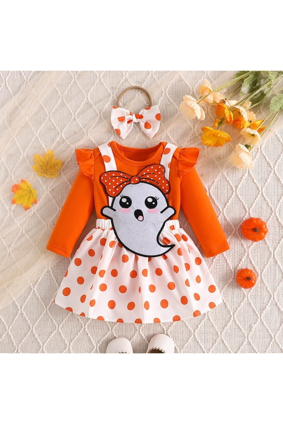 Kids Girl Hall-oween Outfit Set 0-24 Months, 100% Cotton 3-Piece Pink Ghost Polka Dot Festive Kids Costume,Size 18 Months