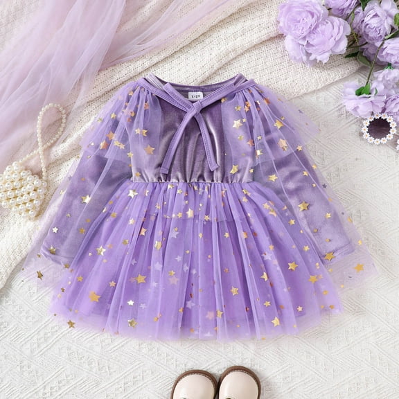 Placlothes Kids Girl Purple Princess Dress 1-6T: Built-in Cape, Long Sleeve, Golden Star Tulle & Velvet Top for Birthday/Christmas,Size 2 T
