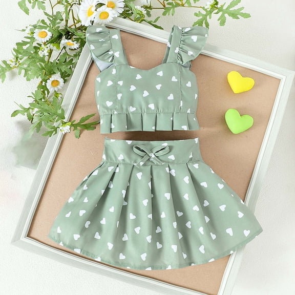 Placlothes Little Girls 2 Piece Cute Tops and Skirt Outfits Sets Floral Cotton Green Size 2-3T for Summer Fall Birthday Bow Kids