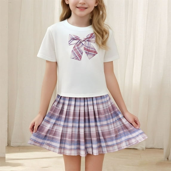 Placlothes Purple Short Sleeve Shirt Tops for Girls 2 Piece Outfits Sets with Skirt Summer Fall Birthday Kids Big Girls and Little Girls Size 2 T