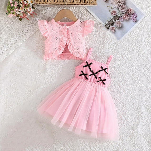 Placlothes Tutu Dress and Cute Tops with Skirt for Girls 2 Piece Outfits Little Girls and Big Girls Summer Fall Skirt Sets Solid Pink Birthday Bow Kids Size 2 T