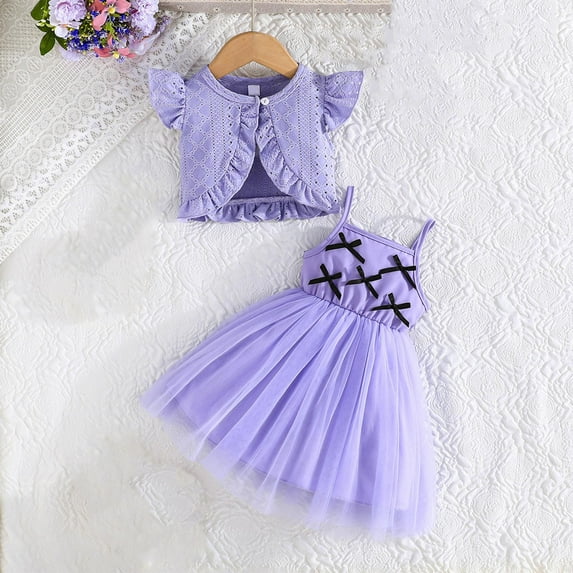 Placlothes Tutu Dress and Cute Tops with Skirt for Girls 2 Piece Outfits Little Girls and Big Girls Summer Fall Skirt Sets Solid Purple Birthday Bow Kids Size 18 Months
