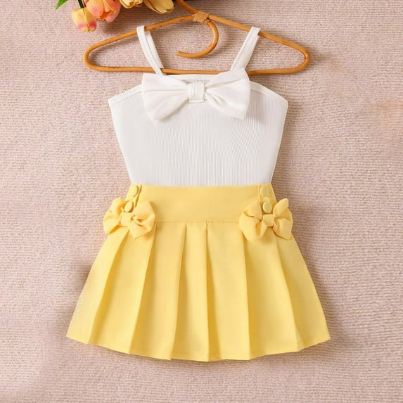Placlothes Yellow Cotton Skirt and Cute Tops 2 Piece Outfit Sets for Little Girls Size 5T with Bow Summer Fall Birthday Skirt Outfits Kids