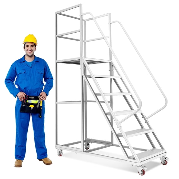 Plagage Rolling Ladder 6 Step Work Platform with Handrails - 1200lbs Capacity 4.27ft Tall Warehouse Ladder with Wheels for Indoor Shop carbon steel