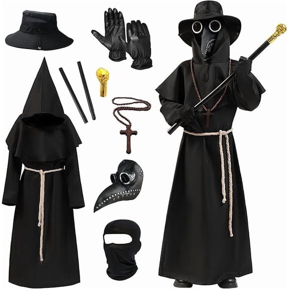 Plague Doctor Costume for Kids, 9 in 1 Halloween Costumes with Mask for Dress-Up Party for 12-14 Yeas