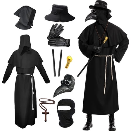 Plague Doctor Costume for Adult, 9 in 1 Halloween Costumes with Mask for Dress-Up Party
