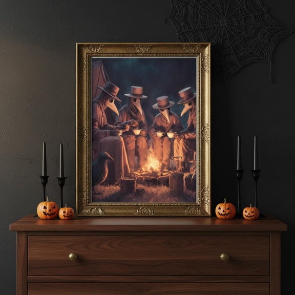 Plague Doctor Tea Party Wall Art | Gothic Campfire Print | Dark Creepy Artwork, Stretched Canvas Size 12x18
