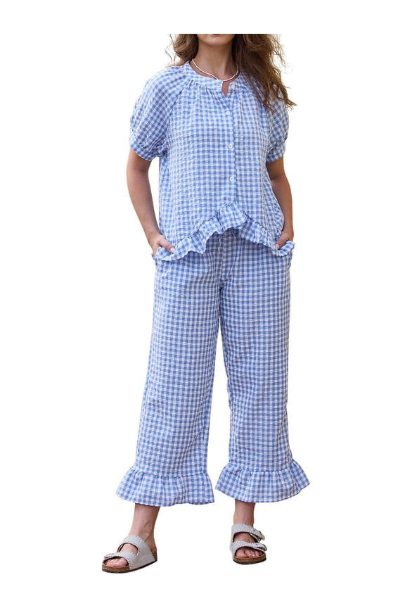 Plaid 2 Piece Pajamas Sets for Women Cute Gingham Short Sleeve Babydoll Shirt Pants Pajama Lounge Set M Blue