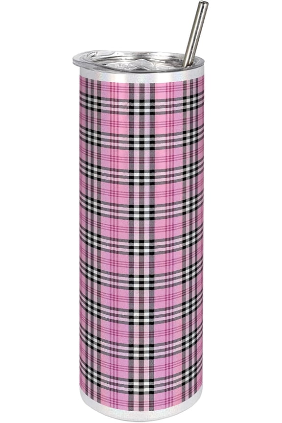 Plaid 20 Oz Skinny Tumbler, Feminine Pink Tartan English Women Fashion Celtic Checkered Striped Classical, Leak-Proof Straw Lid and Brush Vacuum Insulated for Outdoor Use, Pink Black White
