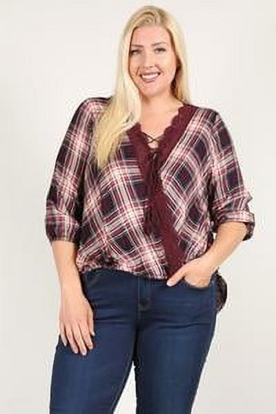 Plaid 3/4 Sleeve Top With Hi-lo Hem, V-neckline, And Relaxed Fit 2XL