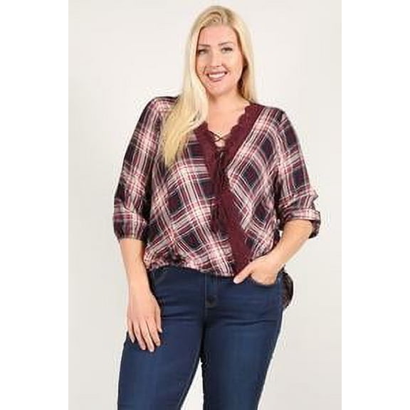 Plaid 3/4 Sleeve Top With Hi-lo Hem, V-neckline, And Relaxed Fit 2XL