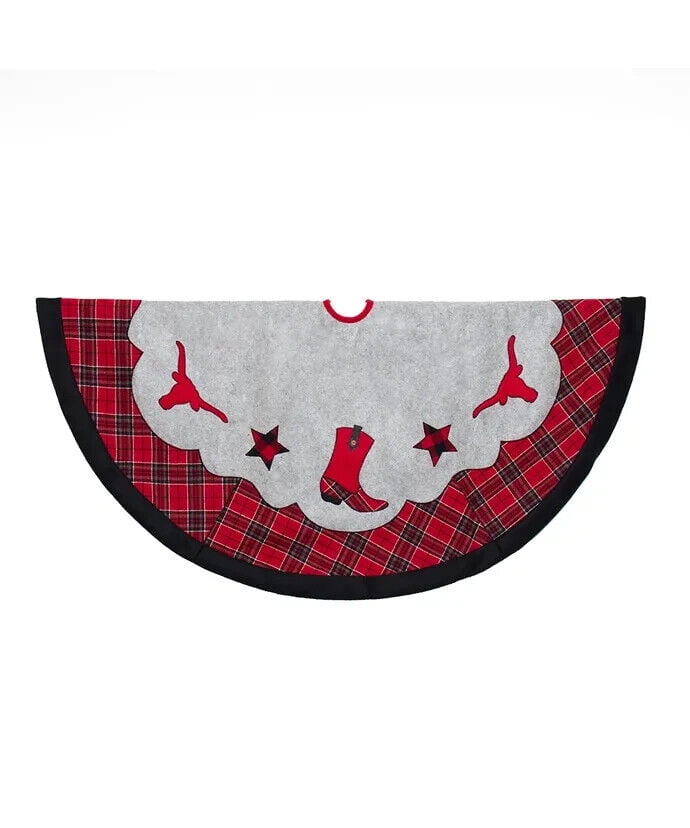 48-Inch Red and Gray Plaid Western Felt Christmas Tree Skirt