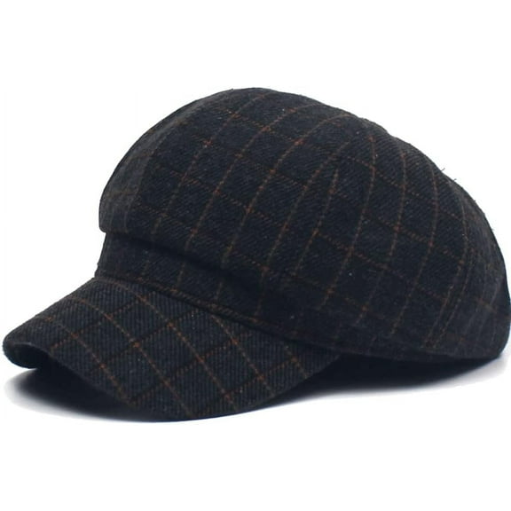 Plaid 8 Panels Newsboy Caps for Women Girls Winter Black Grey Vintage Tweed Cabbie Painter Hat Ivy Visor Brim Berets