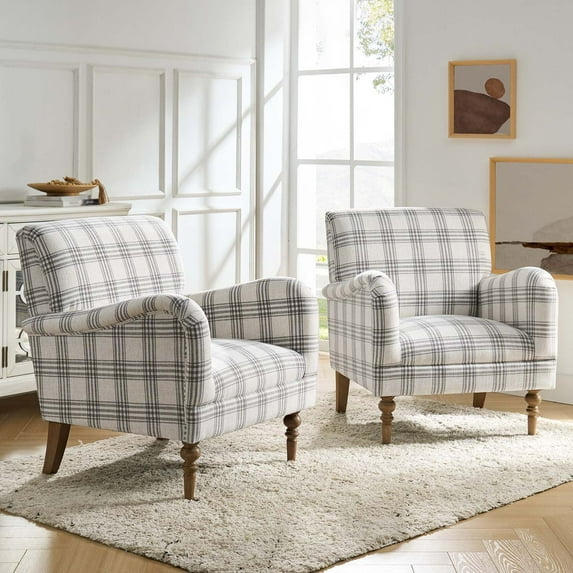 Plaid Accent Chair Set of 2, Wooden Legs Upholstered Armchair Lounge Sofa Home Living Room Grey