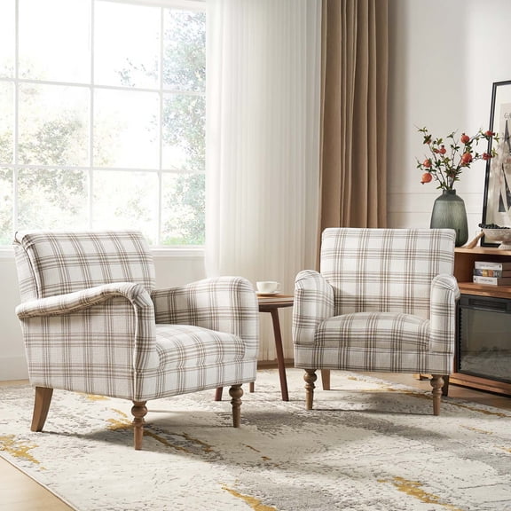 Plaid Accent Chairs Set of 2, Upholstered Armchairs with Solid Wooden Legs, Lounge Chairs for Living Room or Bedroom, Tan, 250 lb Weight Capacity