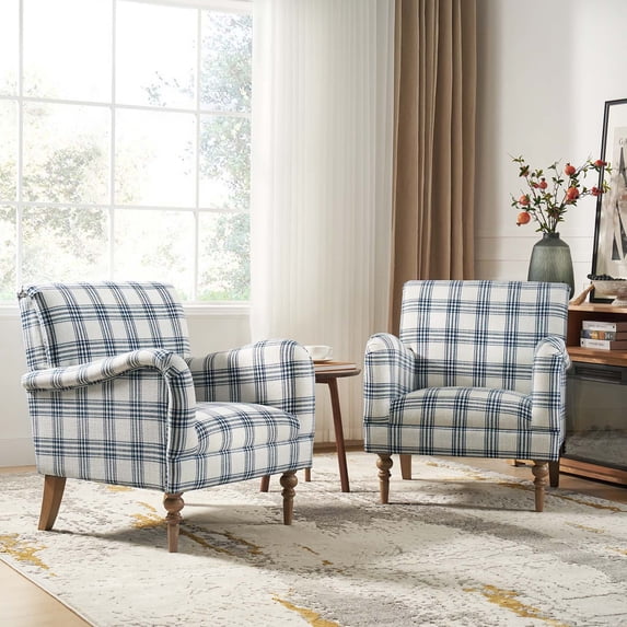 Plaid Accent Chair Set of 2, Wooden Legs Upholstered Armchair Sofa Home Living Room Navy