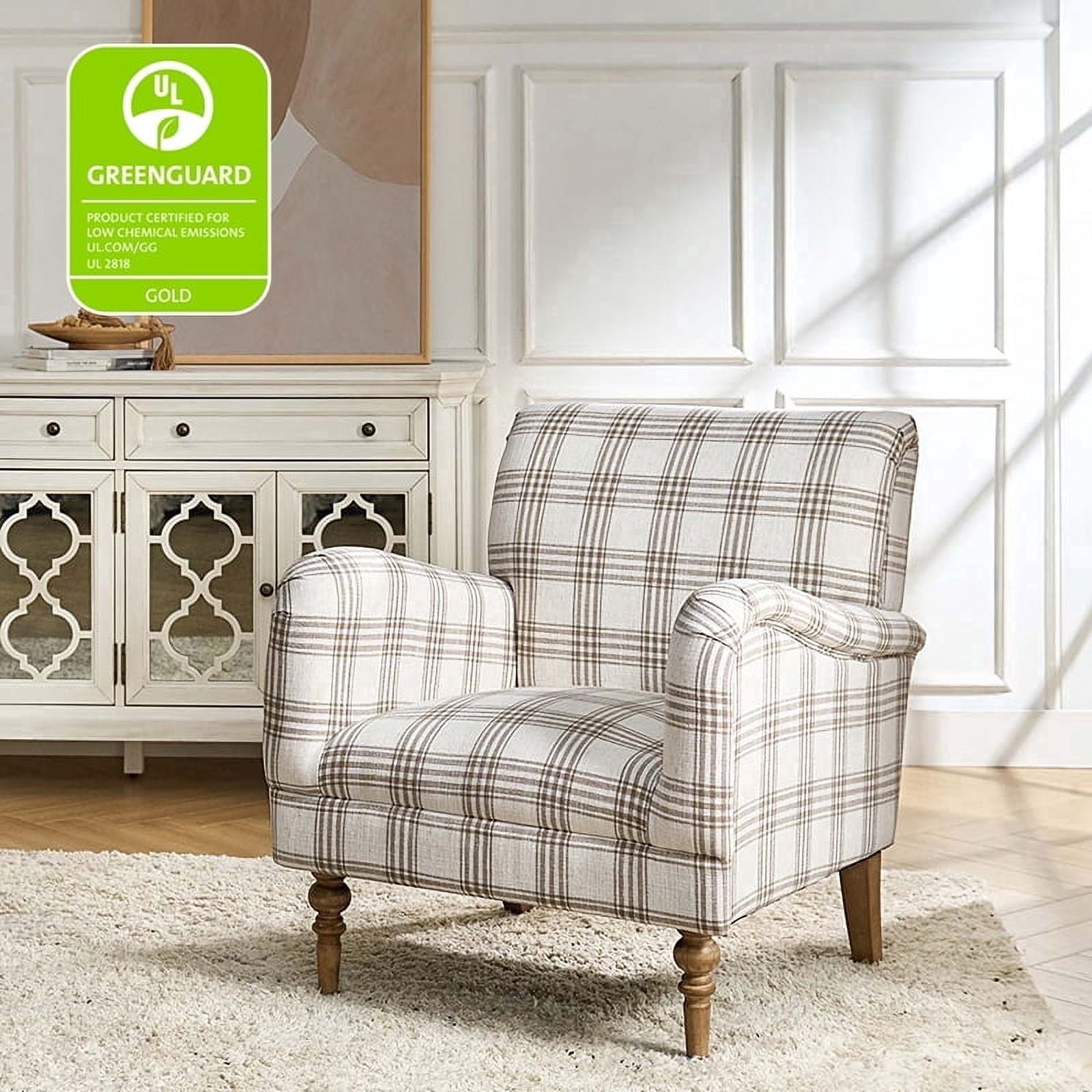 Tina's Home Farmhouse Plaid Accent Chair with Carved Wood Legs ,29.5”W Upholstered Rustic Armchair for Living Room, Bedroom or Reading Nook, GREENGUARD Certified, Tan