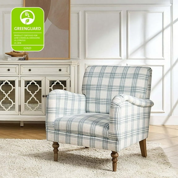 Modern Plaid Accent Chair Upholstered Blue Armchair Home Bedroom Living Room