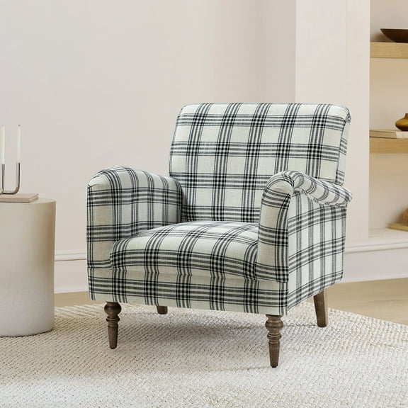 Plaid Accent Chair Wooden Legs Upholstered Armchair Sofa Bedroom Home Living Room Black