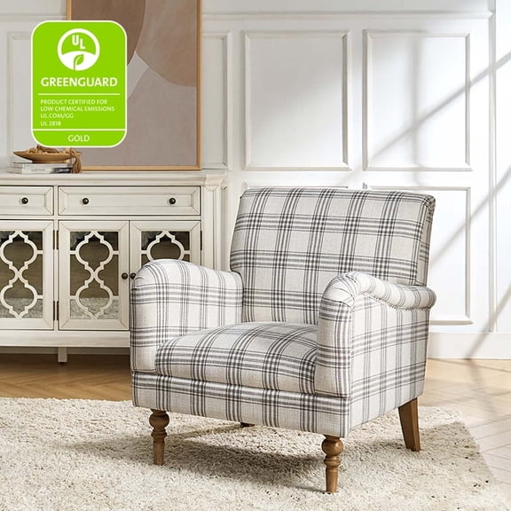 Modern Plaid Accent Chair Upholstered Armchair Adult Home Bedroom Living Room Grey