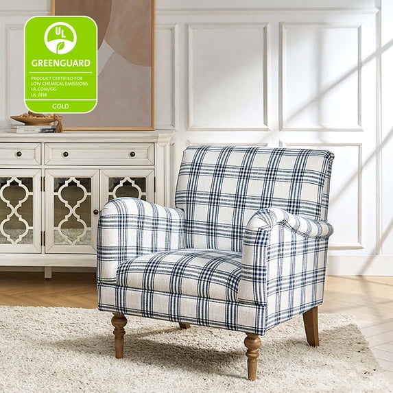 Modern Plaid Accent Chair Upholstered Armchair Adult Home Bedroom Living Room Navy