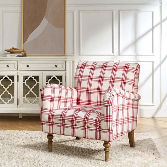 Modern Plaid Accent Chair Upholstered Red Armchair Adult Home Bedroom Living Room