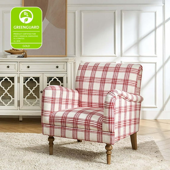 Modern Plaid Accent Chair Upholstered Red Armchair Adult Home Bedroom Living Room