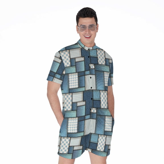 Plaid And Denim Patchwork Pattern Short Sleeve Men'S Rompers, Denim Pattern Design Casual Summer Jumpsuits Outfit