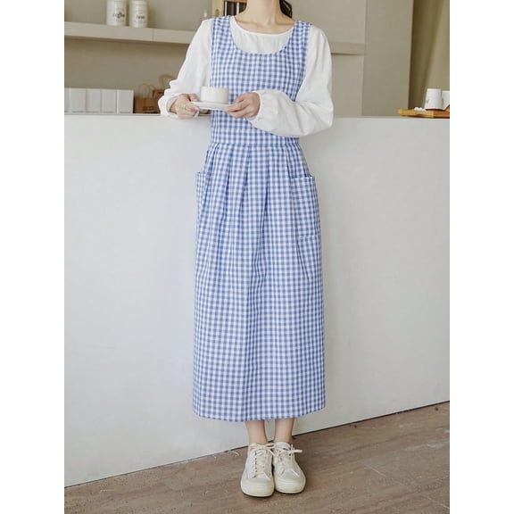 Plaid Apron Fresh Style Large Size Side Slit Pleated Lace Up Anti-Fouling Smock, 1PC